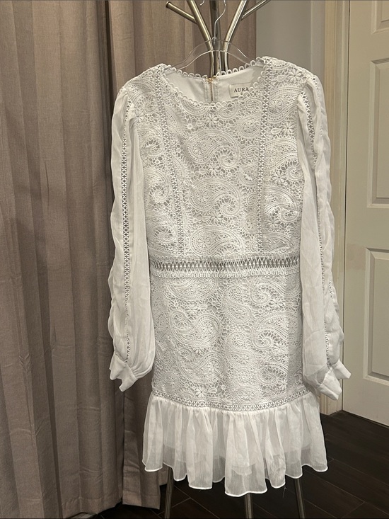 Aura Dresses & Skirts - Aura White Lace Long-Sleeve Ruffle-Hem Dress